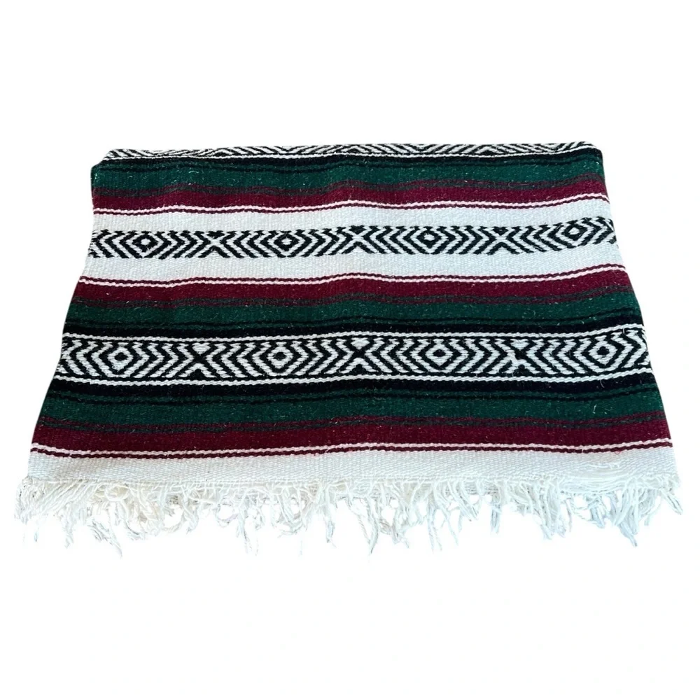 Mexican Serape Woven Falsa Blanket Fringed Red White Green Black 62x76 Soft GUC